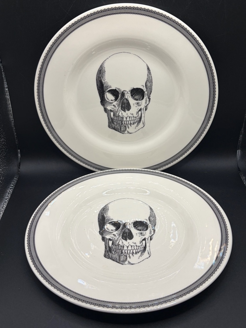 Pair Royal Stafford English Pottery Skull Plates, Skeleton Dishes Goth Tableware